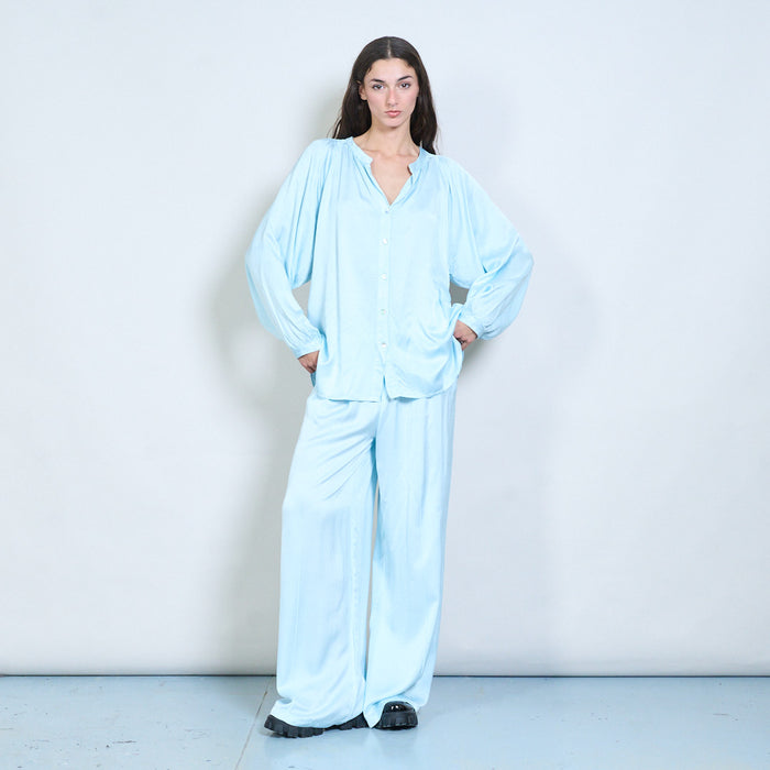Soft drape gathered-neckline button blouse wholesale