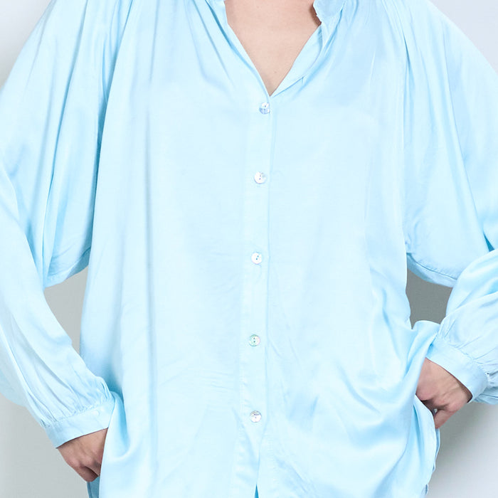 Soft drape gathered-neckline button blouse wholesale