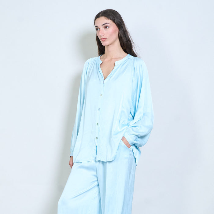 Soft drape gathered-neckline button blouse wholesale