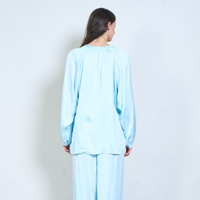 Soft drape gathered-neckline button blouse wholesale
