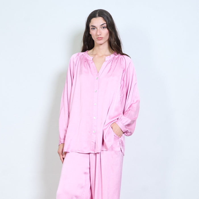 Soft drape gathered-neckline button blouse wholesale