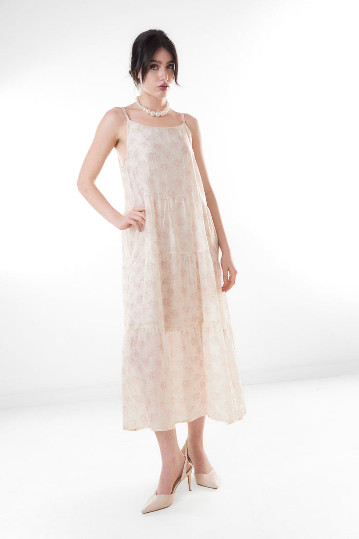 Soft floral print tiered sleeveless midi dress wholesale