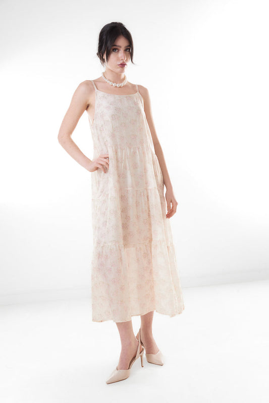 Soft floral print tiered sleeveless midi dress wholesale
