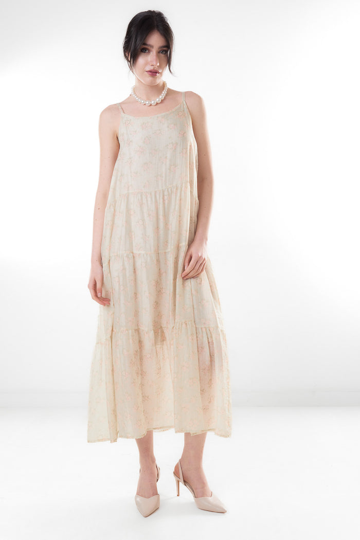 Soft floral print tiered sleeveless midi dress wholesale