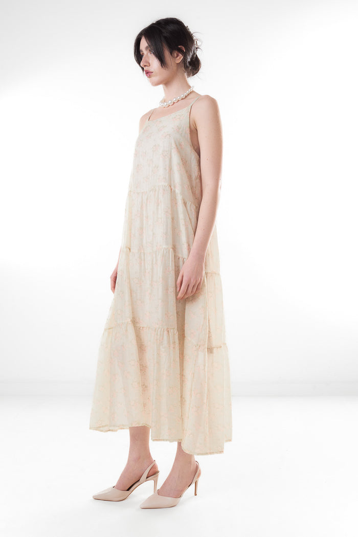 Soft floral print tiered sleeveless midi dress wholesale
