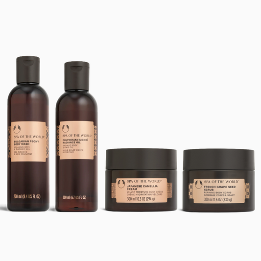 Spa of the World Soft Radiance Routine bundle with body cream, oil, and scrub products
