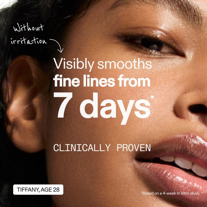 Close-up of a woman's face with text about skin smoothing and clinical provenance.