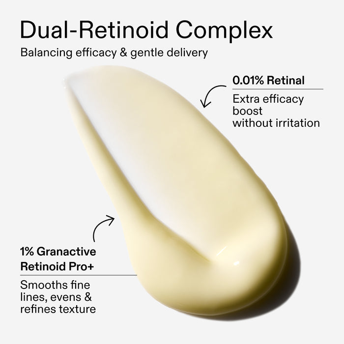 Skincare product with Dual-Retinoid Complex labeled on a white background