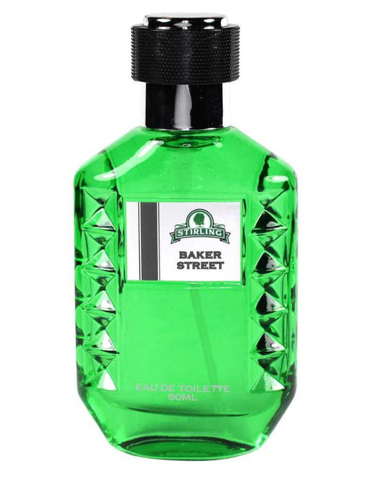 Stirling Baker Street Eau de Toilette cologne bottle in green glass with black cap, classic grooming scent