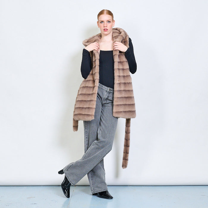 Striped belted faux fur vest with hoodie wholesale