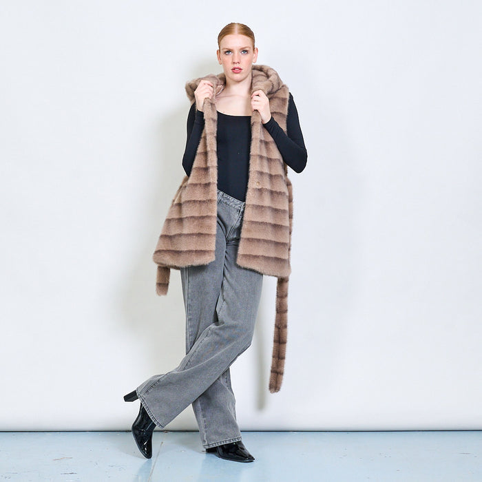 Striped belted faux fur vest with hoodie wholesale