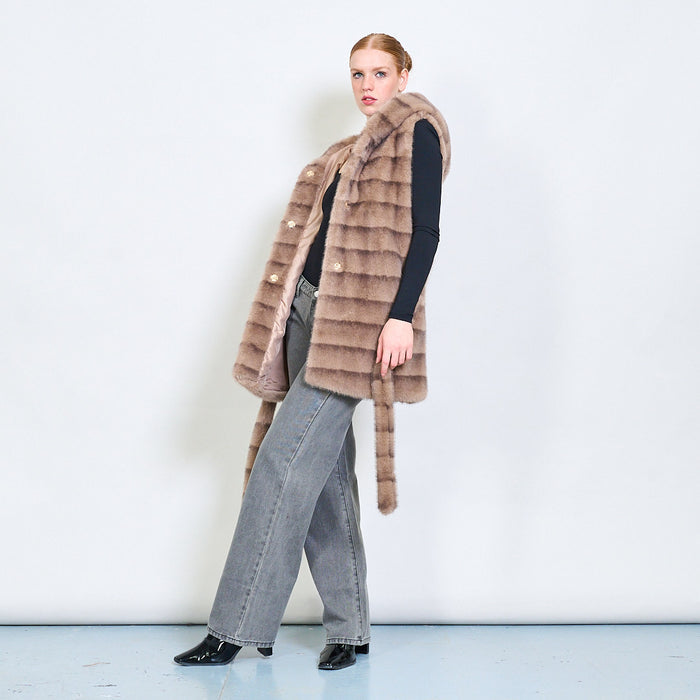 Striped belted faux fur vest with hoodie wholesale