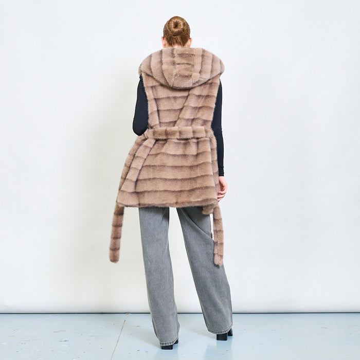 Striped belted faux fur vest with hoodie wholesale