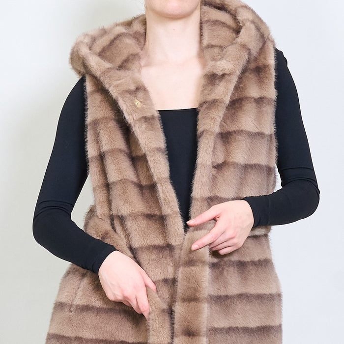 Striped belted faux fur vest with hoodie wholesale