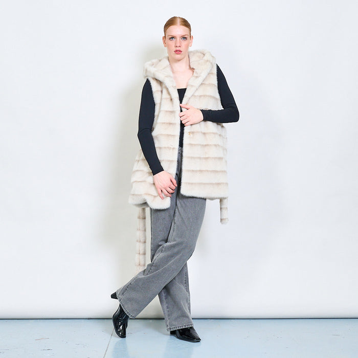 Striped belted faux fur vest with hoodie wholesale