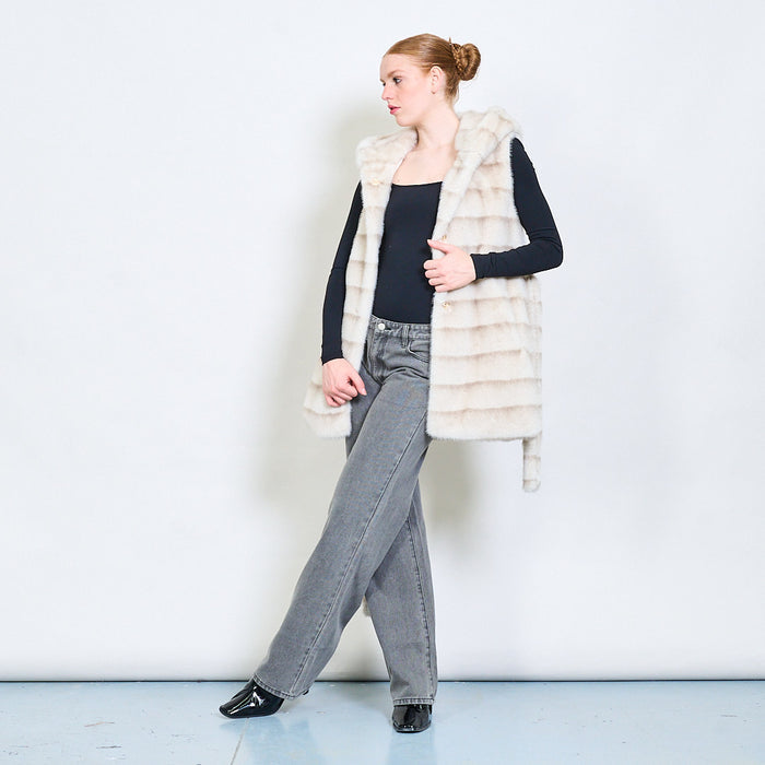 Striped belted faux fur vest with hoodie wholesale