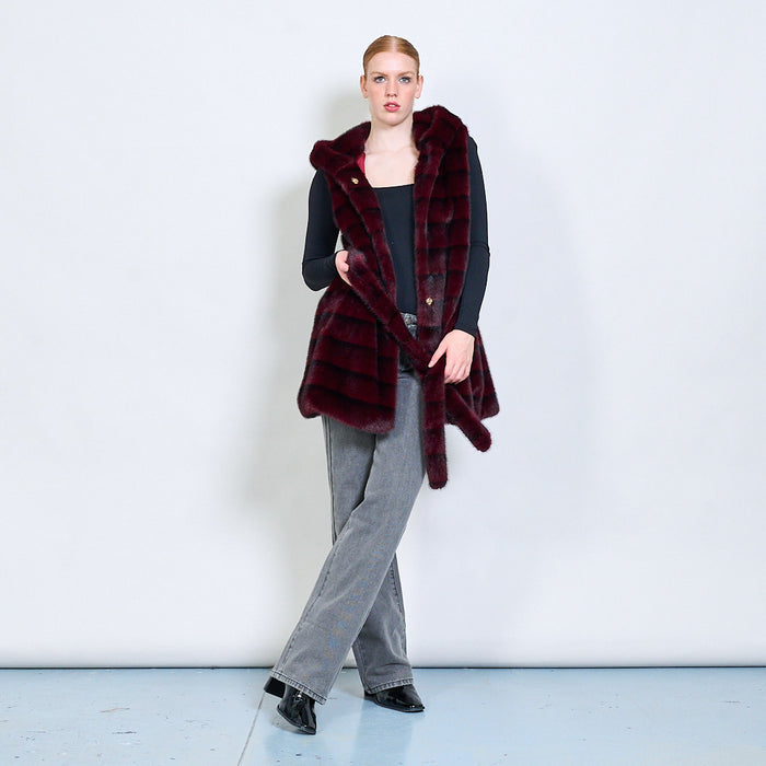 Striped belted faux fur vest with hoodie wholesale