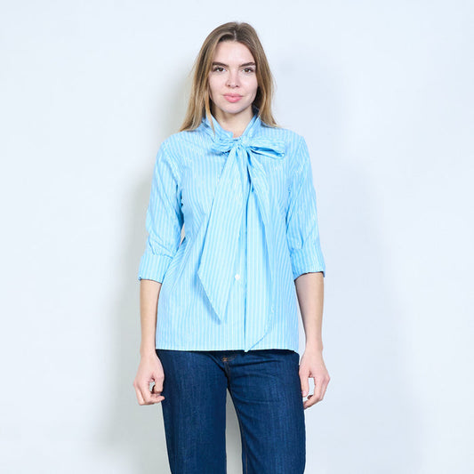 Striped bow tie neck flowy long sleeve blouse wholesale