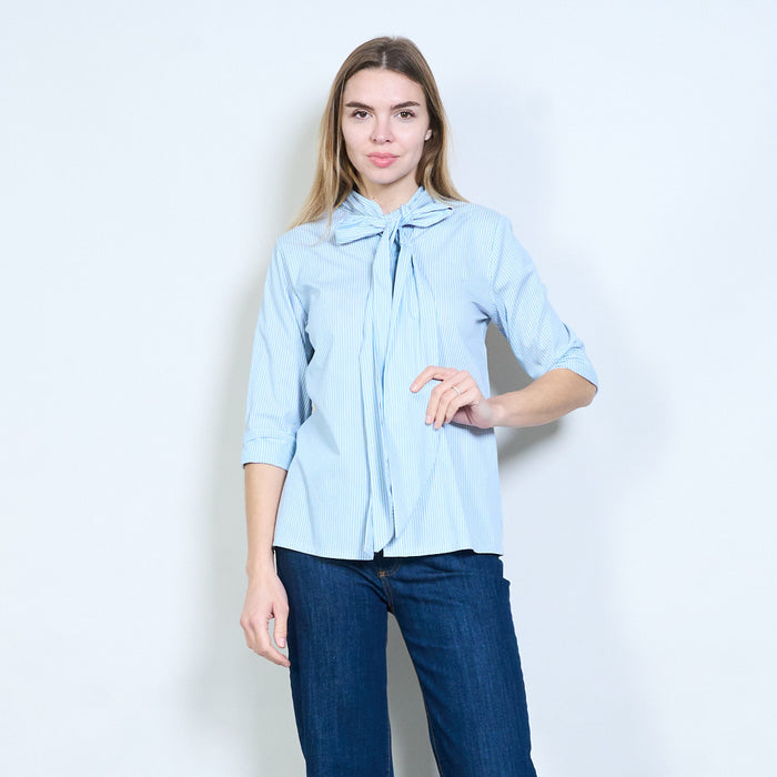 Striped bow tie neck flowy relaxed fit blouse wholesale