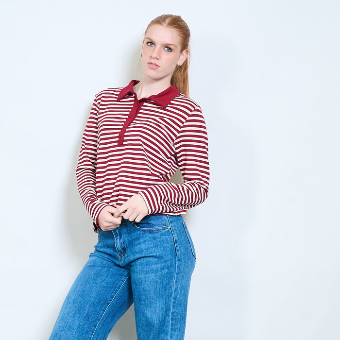 Striped button-front polo knit long-sleeve top wholesale