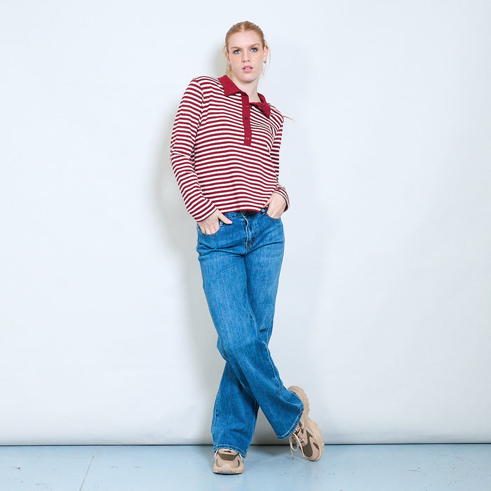 Striped button-front polo knit long-sleeve top wholesale