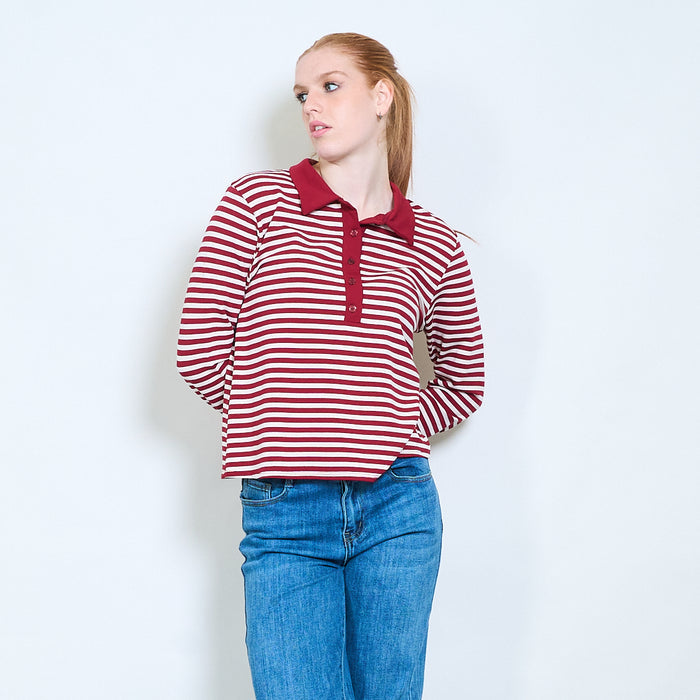 Striped button-front polo knit long-sleeve top wholesale