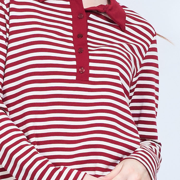 Striped button-front polo knit long-sleeve top wholesale