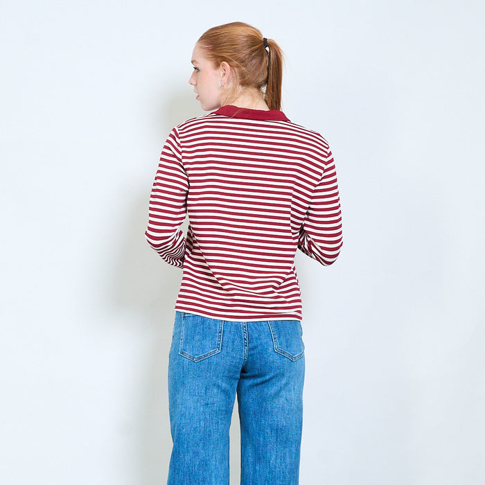 Striped button-front polo knit long-sleeve top wholesale