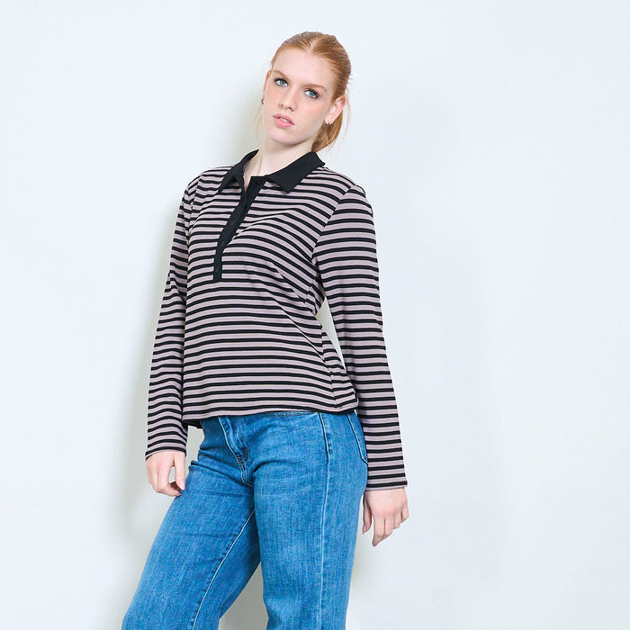 Striped button-front polo knit long-sleeve top wholesale