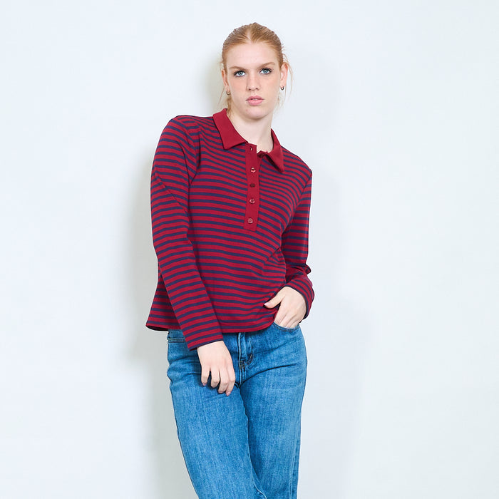 Striped button-front polo knit long-sleeve top wholesale