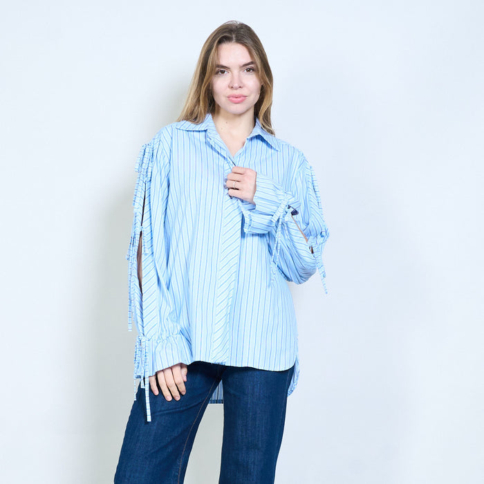 Striped collared flowy layered placket long sleeve blouse wholesale