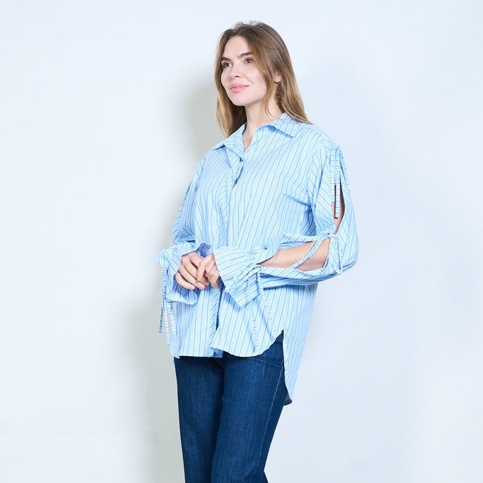 Striped collared flowy layered placket long sleeve blouse wholesale