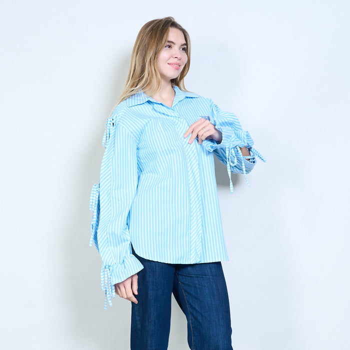 Striped collared flowy tie sleeve button blouse wholesale