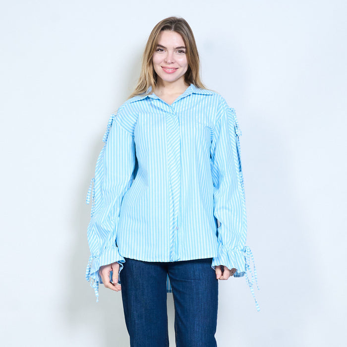 Striped collared flowy tie sleeve button blouse wholesale