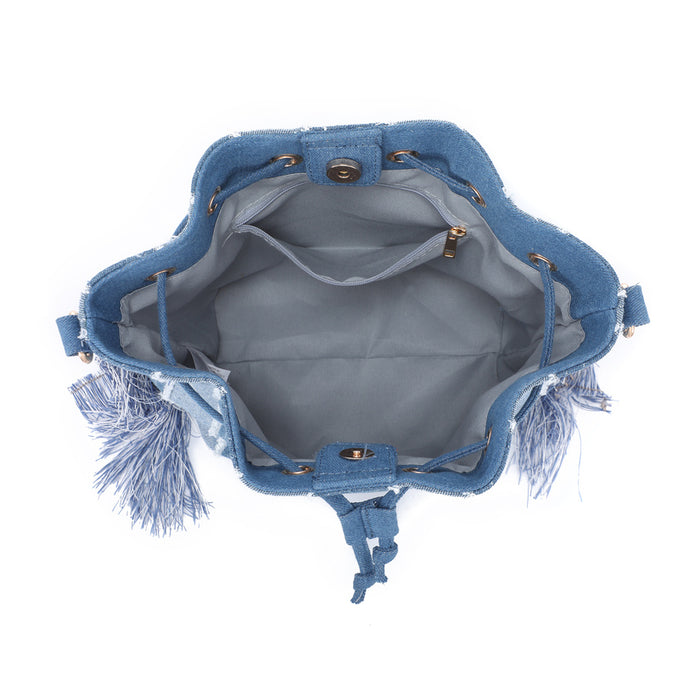 Striped denim patchwork bucket bag with fringe handle and tassel sides wholesale