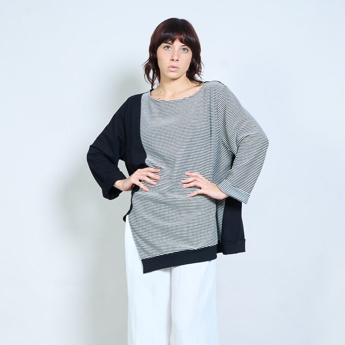 Striped mixed-panel asymmetric relaxed long-sleeve top wholesale