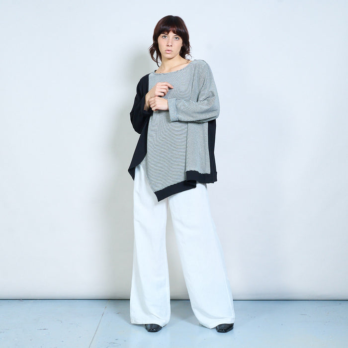 Striped mixed-panel asymmetric relaxed long-sleeve top wholesale