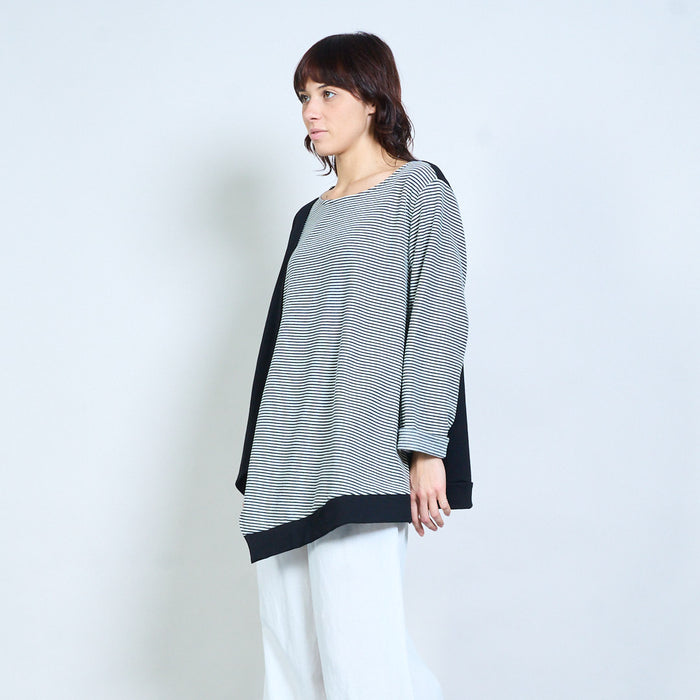 Striped mixed-panel asymmetric relaxed long-sleeve top wholesale