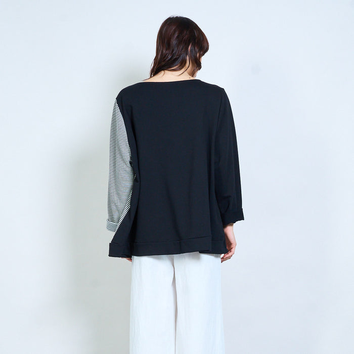 Striped mixed-panel asymmetric relaxed long-sleeve top wholesale