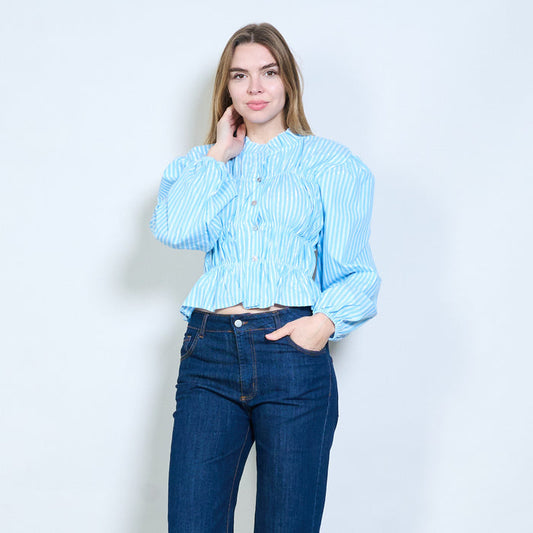 Striped ruffle collar cropped button blouse wholesale