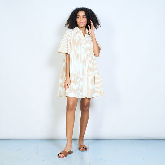 Striped tiered ruffle oversized collar button front midi dress wholesale