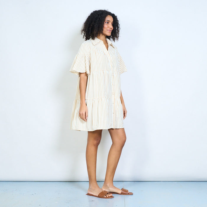Striped tiered ruffle oversized collar button front midi dress wholesale