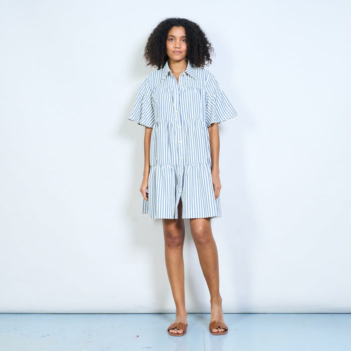 Striped tiered ruffle oversized collar button front midi dress wholesale