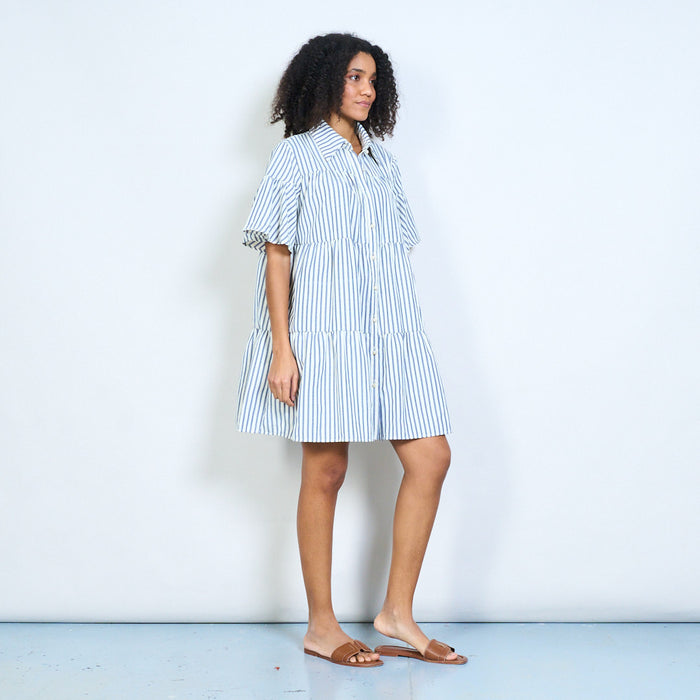 Striped tiered ruffle oversized collar button front midi dress wholesale