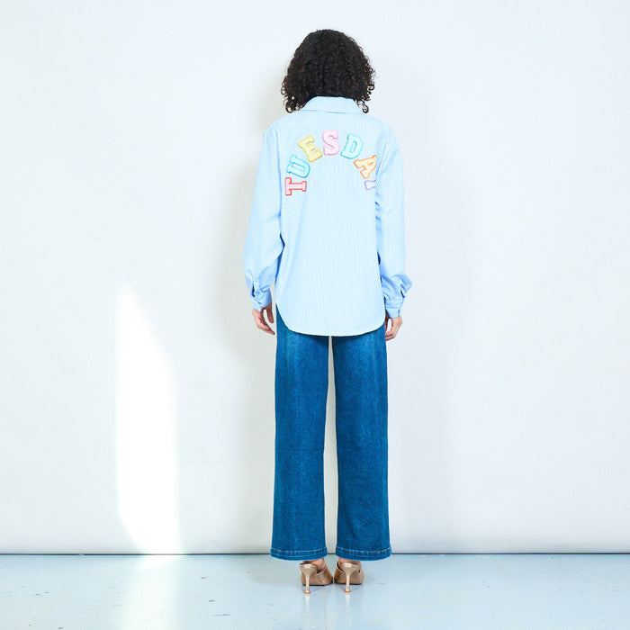 Striped "Tuesday" embroidered letter patch back button front collared blouse wholesale