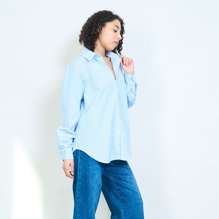 Striped "Tuesday" embroidered letter patch back button front collared blouse wholesale