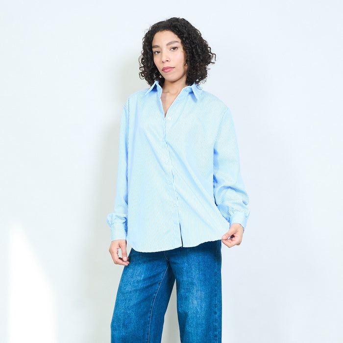 Striped "Tuesday" embroidered letter patch back button front collared blouse wholesale