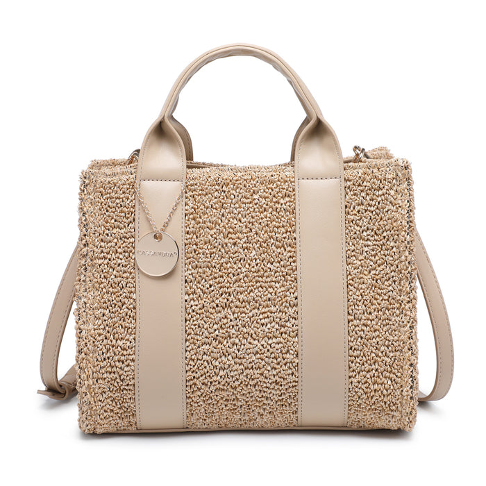 Structured straw-effect tote bag with dual handles and leather-look trim wholesale