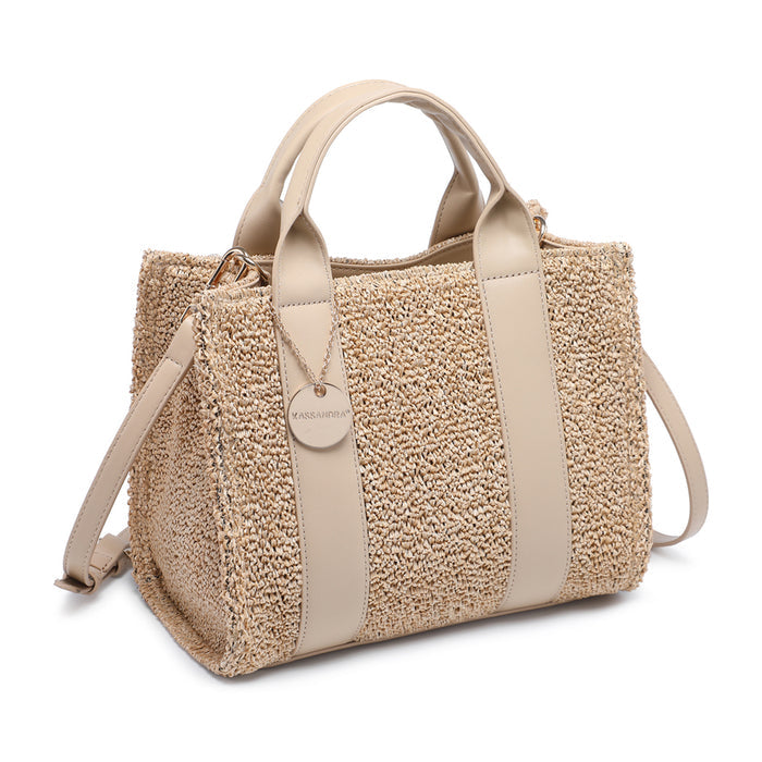 Structured straw-effect tote bag with dual handles and leather-look trim wholesale