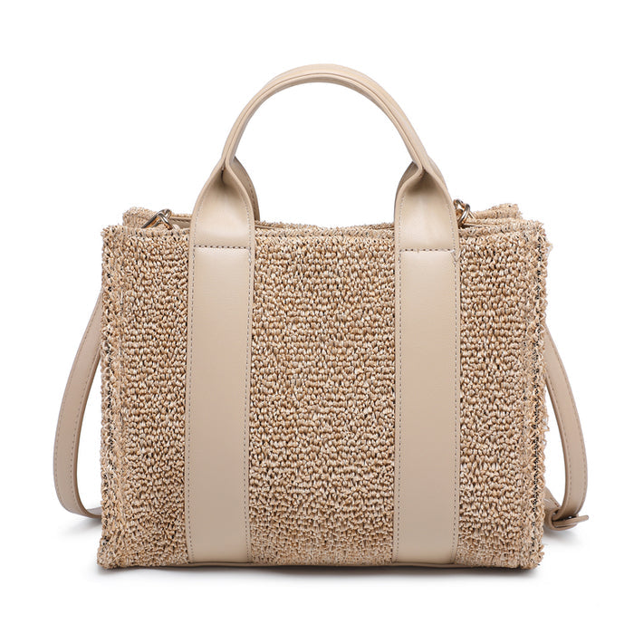 Structured straw-effect tote bag with dual handles and leather-look trim wholesale